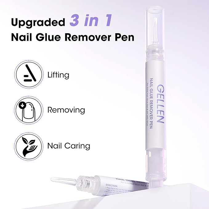 Gellen Nail Glue Remover, 2 Pcs Nail Glue Remover for Press on Nails, Non Acetone Gel Glue Off Remover, 10s Quick Remove for Nail Tips Fake Nails Solid Glue Gel