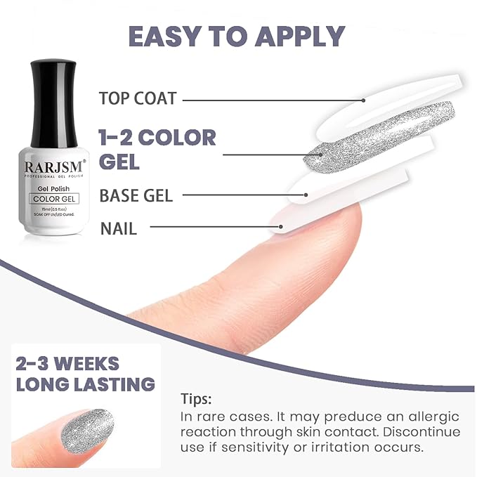RARJSM Glitter Gel Nail Polish Platinum Silver Shiny Metallic Silver Diamond Gel Polish Sparkly Chunky Pigments Nail Gelpolish Soak off L e d UV Curing Required for Nail Art Salon Manicure Christmas