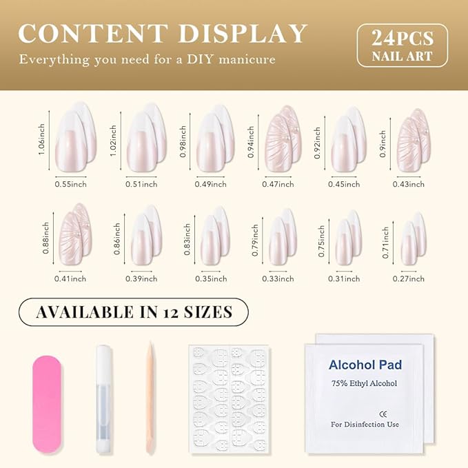 evpct French Tips Press on Nails Medium Almond, Nude Pink + White Tips, Chrome Glazed Aurora Fake Nails Kit with 3D Shell & Rhinestones Design, Stick on Nails with Nail Kit, Reusable Stick on Nail Kit