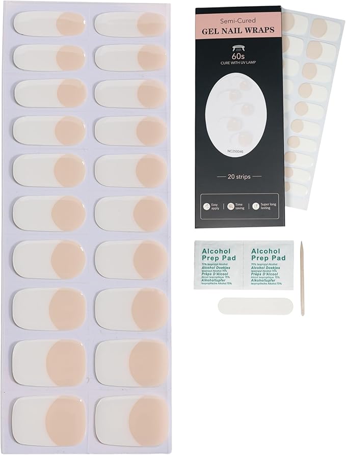 French-Inspired 20pcs Semi Cured Gel Nail Strips - Salon-Grade DIY Wraps with Glaze Texture, Easy Application, UV Light Required for Classic Nails