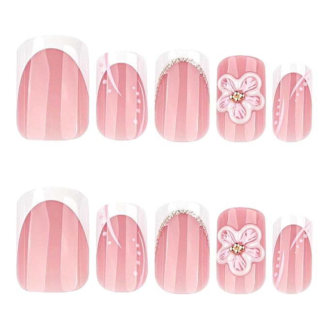 Square Press on Nails Short - White French Tip Fake Nails with Flower Design - Cute, Summer False Nails for Women 24 Pcs