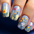 Short Press on Nails Square Fake Nails with 3D Flower Designs Colorful Glue on Nails Gold Glitter Acrylic Nails Spring Summer False Nails Glossy Full Cover Stick on Nails for Women Girls 24Pcs