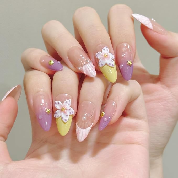 3D handmade Gel nails press on false nails Almond hand-painted gentle elegant pink purple yellow flower pearl acrylic Reusable fake nails designed kit,10 Nails, Size S #2896
