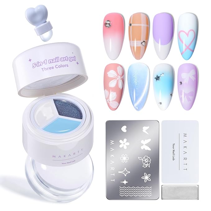 Makartt 5-in-1 Nail Art Gel: ColorPot 3 Colors Gel Nail Polish No Wipe with Nail Stamper for Stamping, Ombre Patting, Painting, Sculpting & French Tips with Silicone Head for Diy Nails at Home Salon