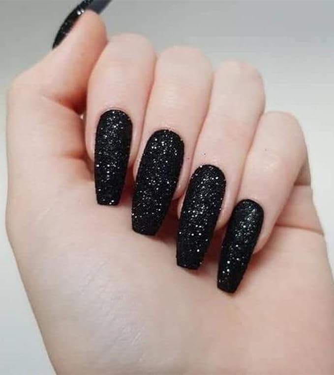 Black Press On Nails Coffin - Long With Glue Stickers, Glitter Stick On for Women, Light Weight in 12 Sizes, 24pcs Fake Nail Kit
