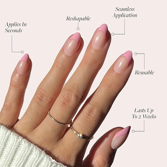 Valentines Day Glamnetic Press On Nails - Pink Macaron | Semi-Transparent Light Pink Pastel French Tip Short Almond Fake Nails in a Glossy Finish, Salon Quality | 15 Sizes - 30 Nail Kit
