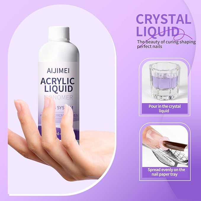 AIJIMEI Acrylic Liquid Monomer for Nail System, 120ml (4 fl oz), Professional Nail Art Kit with Brush and Dappen Dish (120ml)