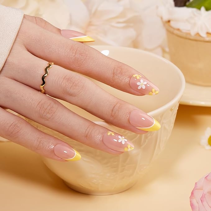 VSALON Press on Nails Short Almond - Lemon Yellow French Tip 3D Flower Design Fake Nails Kit, Reusable Valentines Gel Glue on Nails with Glue & Cuticle Oil - 32 PCS Stick on Nails in 16 Sizes