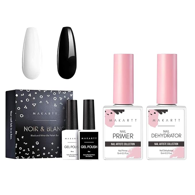 Makartt Black White Black White Nail Gel Bundle with Nail Dehydrator and Nail Primer Kit Noir & Blanc Set Soak Off LED Nail Gel Polish Nail Art Bonder for Nail Prepping, Superior Bo