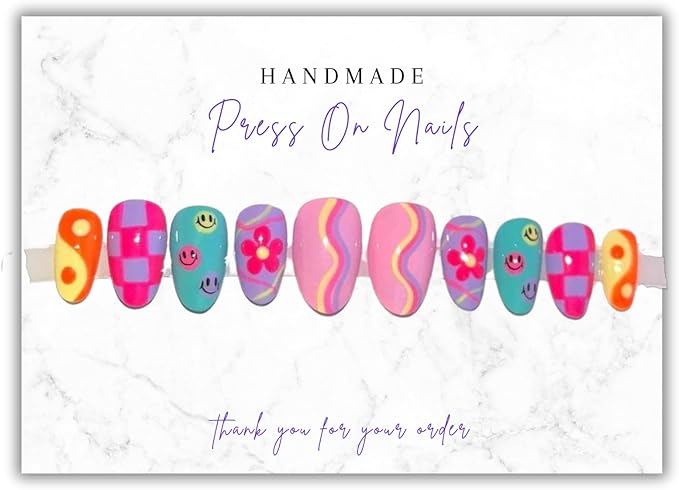 Handmade Acrylic Press On Nails Display Card | 5x7” 30 pk | w/Application Aftercare Instructions Inserts Marble for Packaging in Your 6 * 9 Holographic Bags Use With Double Sided Tape