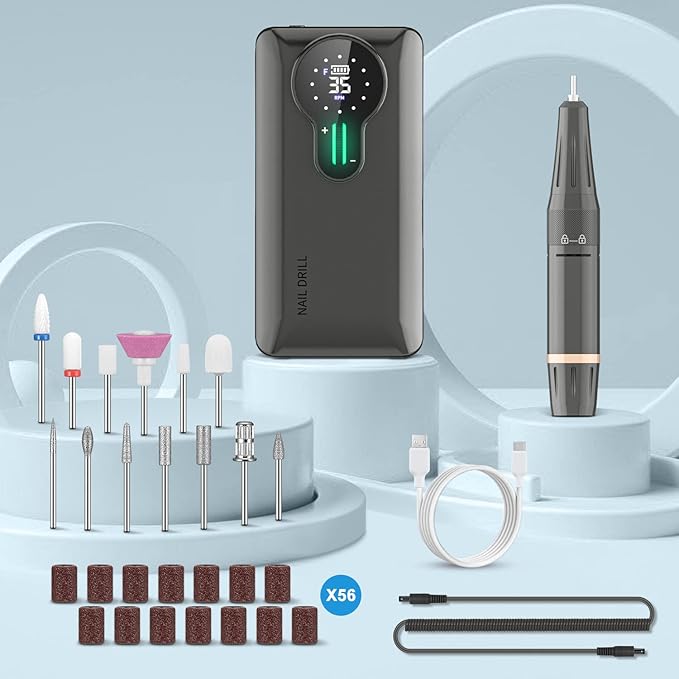ENGERWALL Upgraded Professional Nail Drill 35000RPM, 20H Long Battery Life Rechargeable Electric Nail File for Acrylic Gel Nails, Cordless E-File Kit with 7 Bits & 56 Sanding Bands, Dark Silver (Pro)