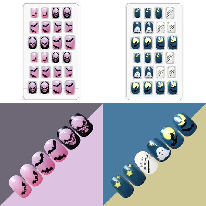 Allstarry Kids Halloween Nails, 120pcs 5pack Children Press on Nails Pre-glue Full Cover Glitter Gradient Color Rainbow Short False Nail Kits Halloween Gifts for Kids Little Girls Nail Art Decoration