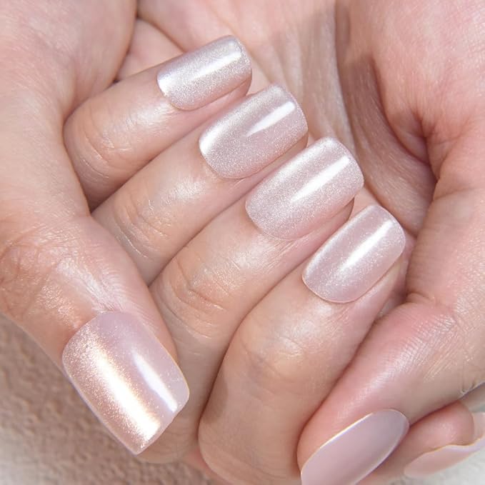 evpct Nude Cat Eye Short Press on Nails Square, Stick on Nails Short Square for Women Gift, Pearl White Metallic Glitter Glossy Reusable Spring Summer Soft Gel Press on Acrylic Fake Nail with Designs