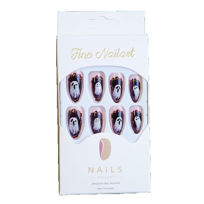 Halloween Almond Press on Nails, Glossy False Nail, Reusable Fake Nail with Magic Mirror Ghost Design, Full Cover Acrylic Nails Halloween Stick on Nails for Women DIY Manicure 24 Pcs