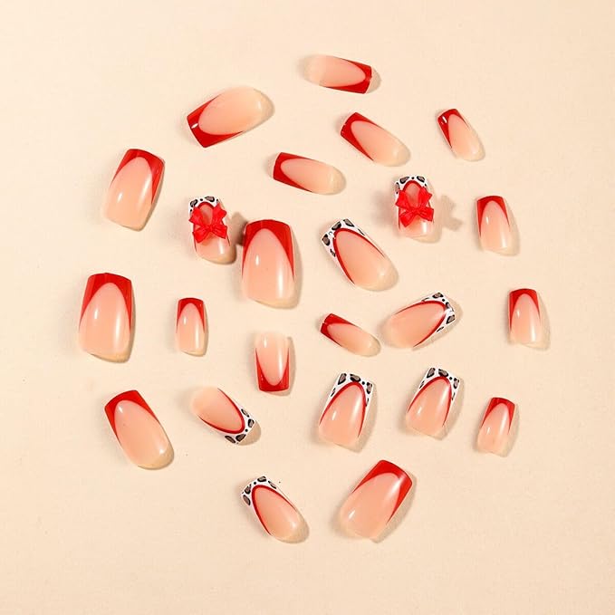 Red Press on Nails Short - Square Fake Nails with Leopard Print Design - French Tip False Nails Press ons - for Women Christmas Manicure 24Pcs