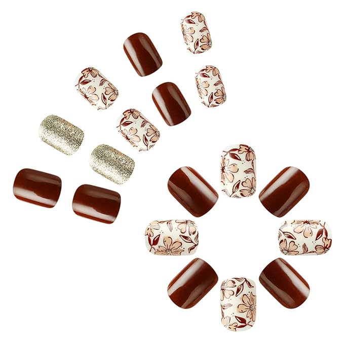 Fall Brown Press on Nails Short Square Fake Nails Autumn False Nails Press ons with Flower,Glitter Design Reusable Artificial Nail Full Cover Glue on Nail Stick on Nails for Women Manicure 24 Pcs