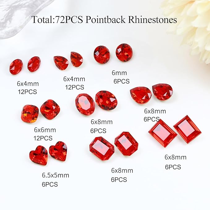 DONGZHOU 72pcs Mix Shape Nail Art Rhinestone,7 Styles Glass Nail Rhinestones Pointback Nail Gems Shiny 3D Nail Charms for Nail DIY Decorations Crafts,Red