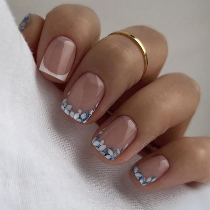 Press on Nails Square Short Spring Fake Nails Press ons Flower French Nail Art Tips Artificial Acrylic Kit Full Cover Pink False Nails with Glossy Design Stick on Nails for Women 24Pcs