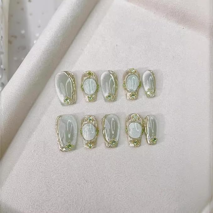 Short Square Press on Nails - Handmade Manicure Art Reusable False Nails 10pcs with Solid Nail Glue, Nail Adhesive Tabs, Strong Nail Glue (C29-Large)