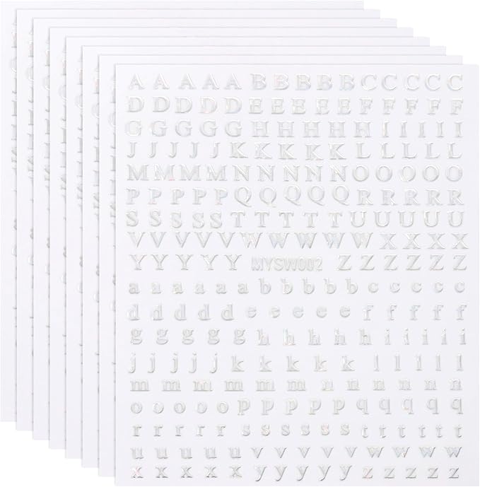 PATIKIL Letter Nail Stickers, 8 Sheet 3D Self-Adhesive English Letter Nail Decals Small Alphabet Art Sticker Metallic Fluorescence Design Manicure for Women DIY Decor, Laser Silver