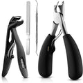 BEZOX Toenail Clipper Kit 4PCS Nail Care Set for Ingrown Toenails – Curved Head Toe Nail Clippers for Seniors for Thick Nails, Thick Fingernail Clippers, Long Nail File & Dual-Ended Lifter - Black