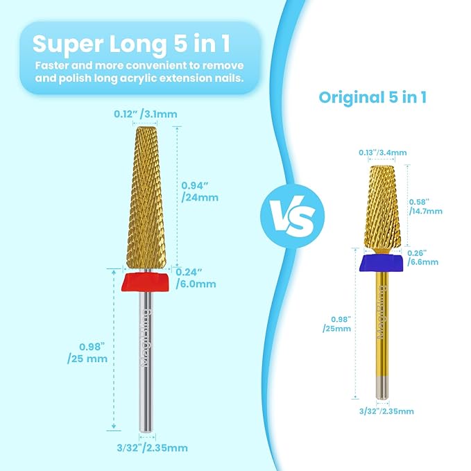 24mm Super Long 5-in-1 Tapered Barrel Nail Drill Bit, 3/32'' Tungsten Carbide E-File Bit for Fast Gel Removal & Long Nail Shaping, Two-Way Rotation Safety Bit for Acrylic Extensions, Fine