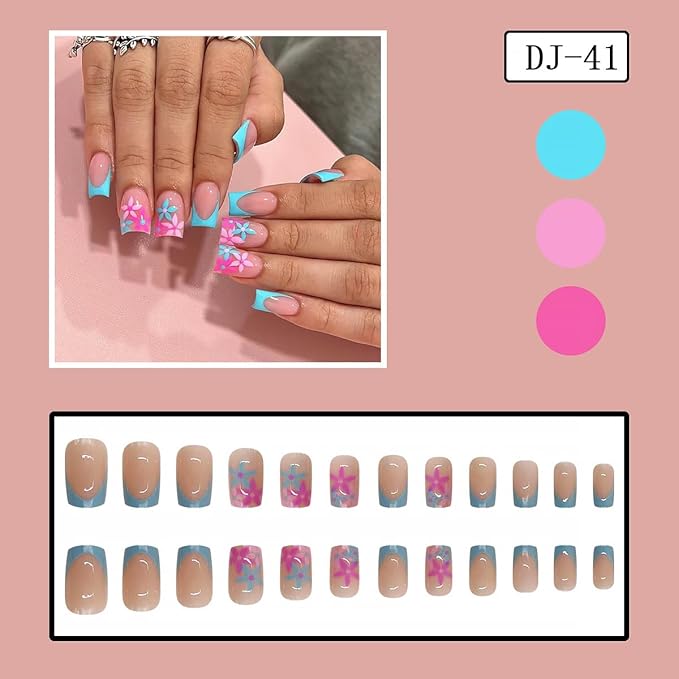 24pcs Blue French Tip Press on Nails Medium Square Fake Nails Pink Flower Design Nail Art Supplies Acrylic Artificial Nails Glossy Glue on Nails Full Cover Nail Supplies for Women Manicure Decoration