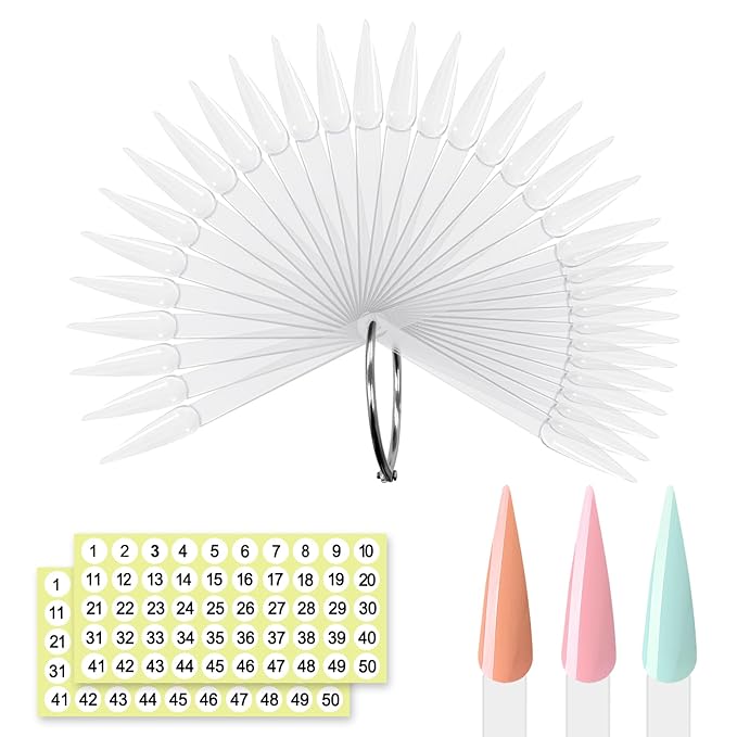 SIUSIO 50 Pcs Stiletto Nail Swatch Sticks with Metal Split Ring and Numbered Tips - Clear Fan-shaped Color Display for Nail Art Polish Practice