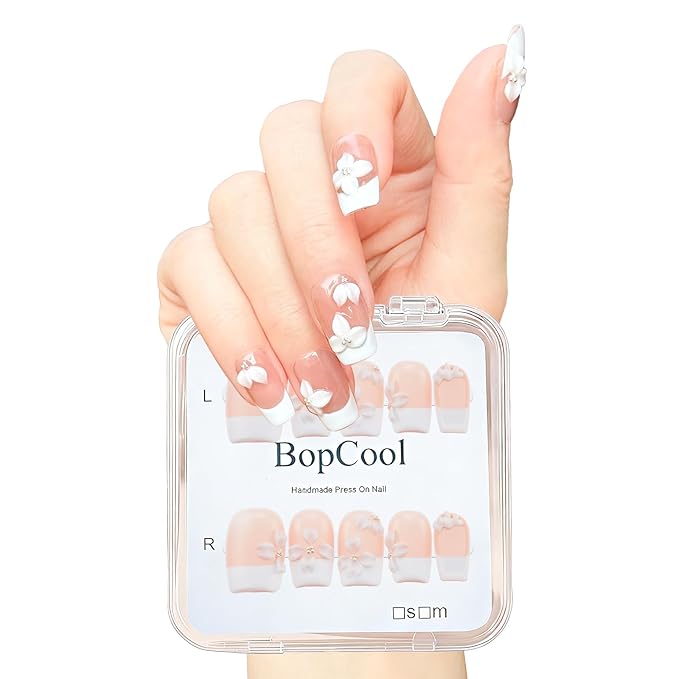 Handmade Press on Nails Short Coffin - French Tip Acrylic Fake Nails with 3D White Flower Designs, Elegant & Simple False Nails, Salon-Quality DIY Nail Art（S-10PCS)