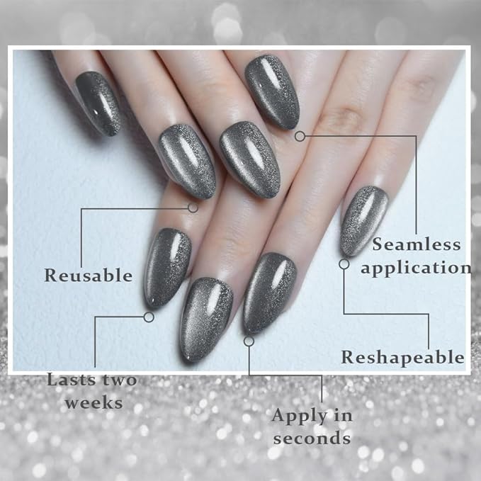 evpct Cat Eye Silver Press on Nails Almond Short, Silver Metal Short Almond Soft Gel Press on Nails with Nail Kit, Fit Perfectly, 30Pcs Reusable Acrylic Fake Press-on Nail Polish Kit for Women Gift