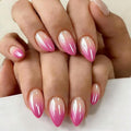 Chrome Ombre Hot Pink Press on Nails Short Almond, Glazed Cute Fake Nails with Sparkle Mirror Design, Shiny Glitter Glue on Nails Stiletto, Gradient Nude Gel Nail Press ons with Glue 30 Pcs