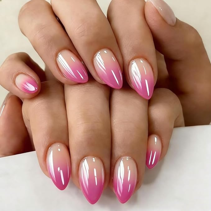 Chrome Ombre Hot Pink Press on Nails Short Almond, Glazed Cute Fake Nails with Sparkle Mirror Design, Shiny Glitter Glue on Nails Stiletto, Gradient Nude Gel Nail Press ons with Glue 30 Pcs