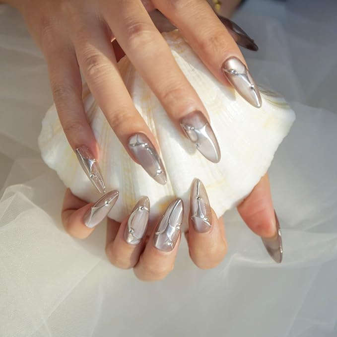 10pcsHandmade Press On Nails Nail Gift Kit Set with Tools Reusable Fake Nail in Soft Nude Pink with Silver Line Art and Rhinestone Detail Almond Shape for Women(M)