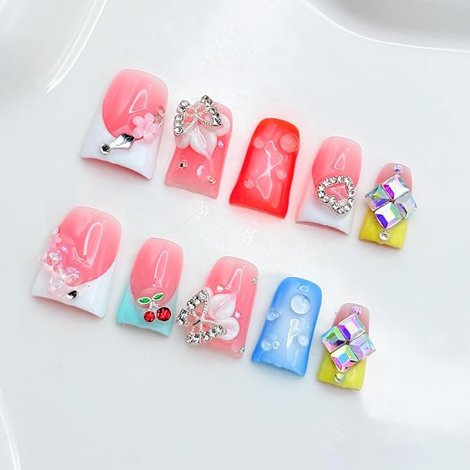 French Press on Nails Handmade Nails with Glue,Orange Medium Duck Fake Nails with 5D Flower Art ＆ Big Rhinestone Design Muti-Layer Gel Handmade Nail Acrylic Nature False Nails for Wome (Size S)