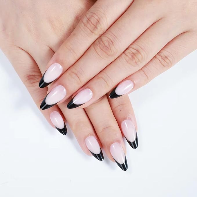 Rnker French Tip U Shape Press On Nails - Black, Almond Top gel Nails with Bright Finish, 15 Sizes - 30 Nail Kit with Glue