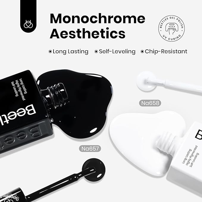 beetles Balck and White Gel Polish - Monochrome Aesthetics Hema-Free Black and White Color Gel Set, 2 Pcs 15ml Polish Soak Off Led French Nail Art Manicure Salon Diy at Home
