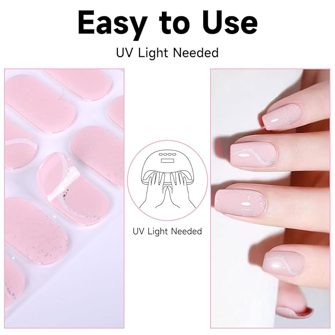 Semi Cured Gel Nail Strips, 28 pcs Gel Nail Stickers Work with Any UV Lights, Long-Lasting Nail Art Wraps, Stick on Nails for women Easy to Apply & Remove