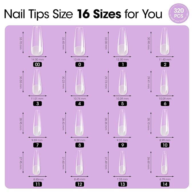Gellen Long Coffin Tipex 320pcs Instant Apex Nail Tips, 16 Sizes Pre-builder Gel Tips X Strong Full Cover False Nail Tips Gel Extension Tips for Flat Nails