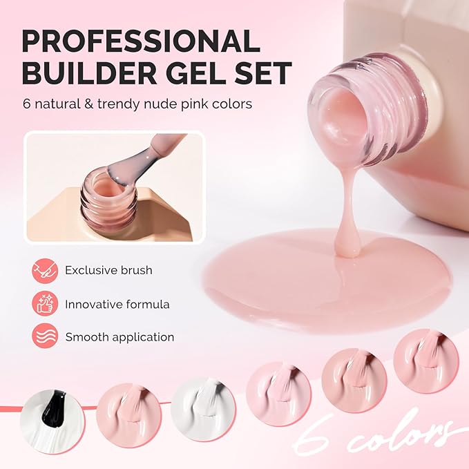 MelodySusie Builder Gel Nail Set for Nails Thickening,6 Colors 15ML Nude Base Colors Clear Rubber Base Gel Polish,Soak Off UV Extension Gel,Rhinestone Nail Glue in a Bottle Gift for Women