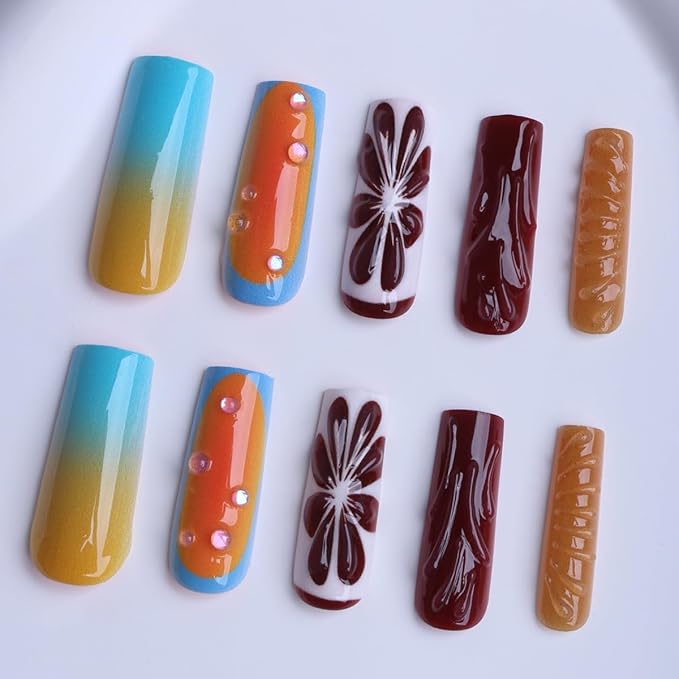 Square Press on Nails Long Gradient Fake Nail Blood Orange with Water Drop Design Acrylic Nail Press ons Embossed Lemon Stick on Nail for Women 24pcs