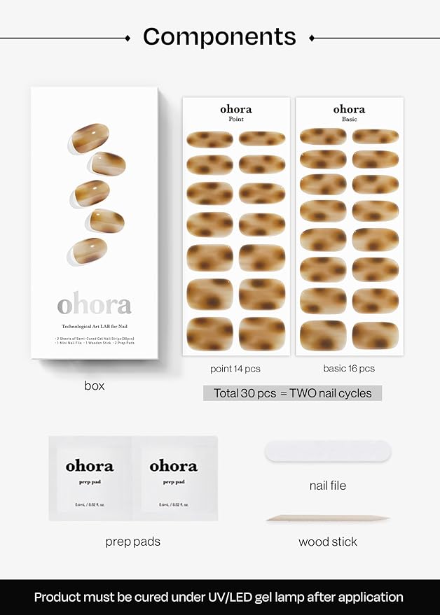 ohora Semi Cured Gel Nail Strips (N Smoky Mocha) - Works with Any Lamps, Salon-Quality, Long Lasting, Easy to Apply & Remove - Includes 2 Prep Pads, Nail File & Wooden Stick