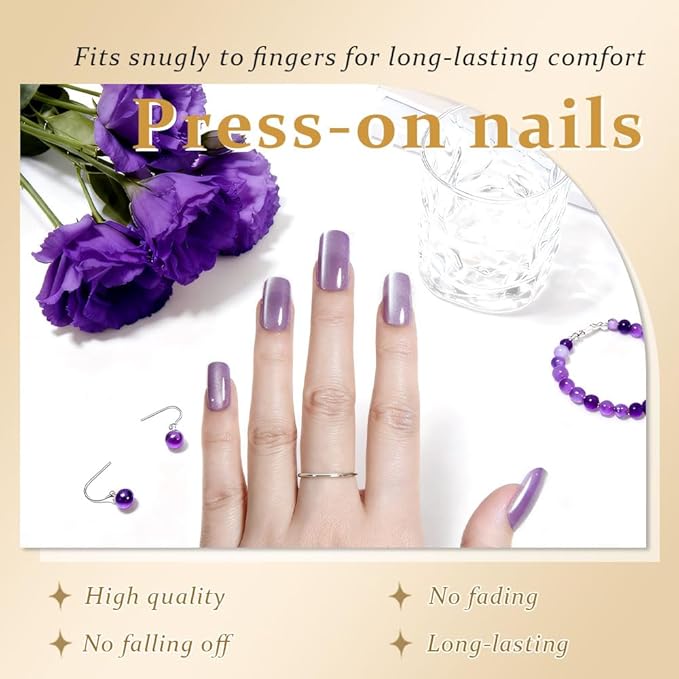 Cat Eye Lavender Purple Press On Nails Medium Long Length Square, Designer Reusable Acrylic Fake Nail, Glossy Gel Nails Wedding Party, Stick On Glue On Nail, Nails Press Ons for Women