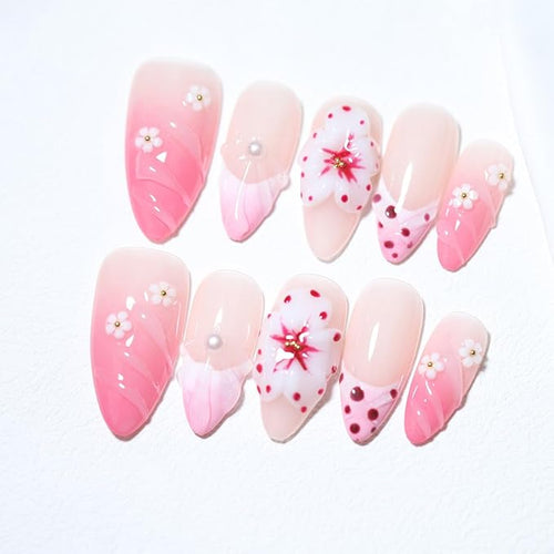 10 Medium Handmade Press On Nails | with 3D Floral and French design False Nails | Skip Salon Trips, Easy to Apply & Remove, Reusable (A010, S)