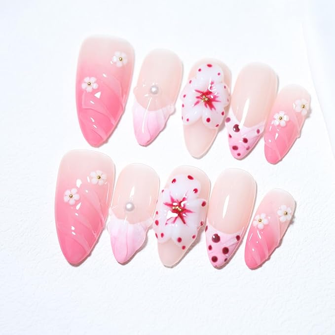 10 Medium Handmade Press On Nails | with 3D Floral and French design False Nails | Skip Salon Trips, Easy to Apply & Remove, Reusable (A010, XS)