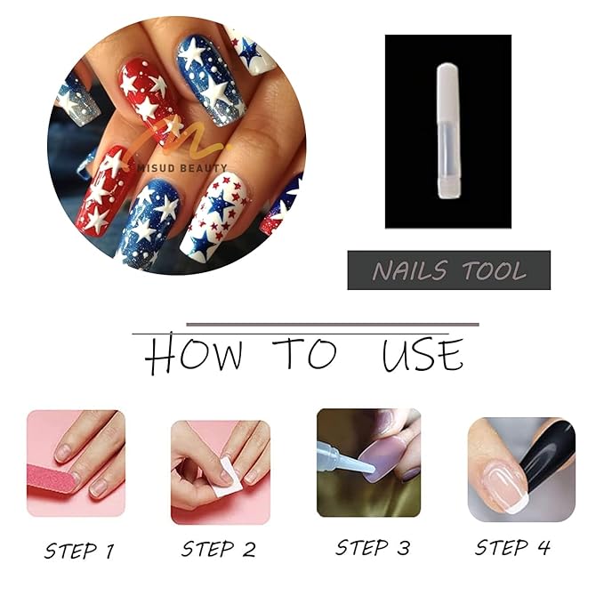 MISUD Press on Nails - Long Square Fake Nails with Red Blue Star, Acrylic 4th of July Design 24 pcs