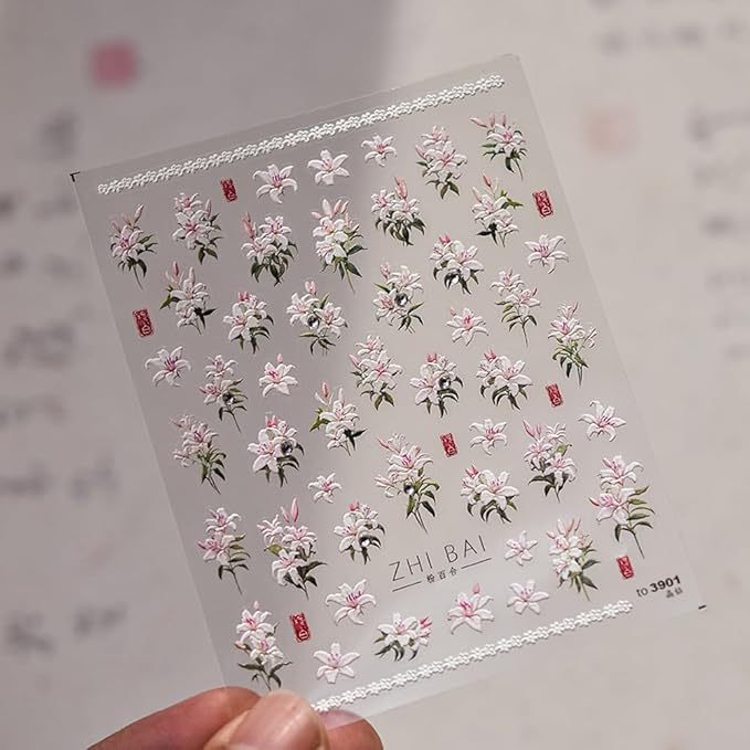 5D Embossed Spring Floral Nail Art Stickers, Lily Design with Elegant Effect for Valentine's Day
