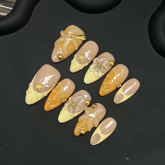 10Pcs Handmade Almond Press On Nails Medium Fake Nails 3D Starfish With Flower Design French Tip False Nails Glossy Summer Floral Acrylic Artificial Stick On Nail For Women(SIZE:Large)