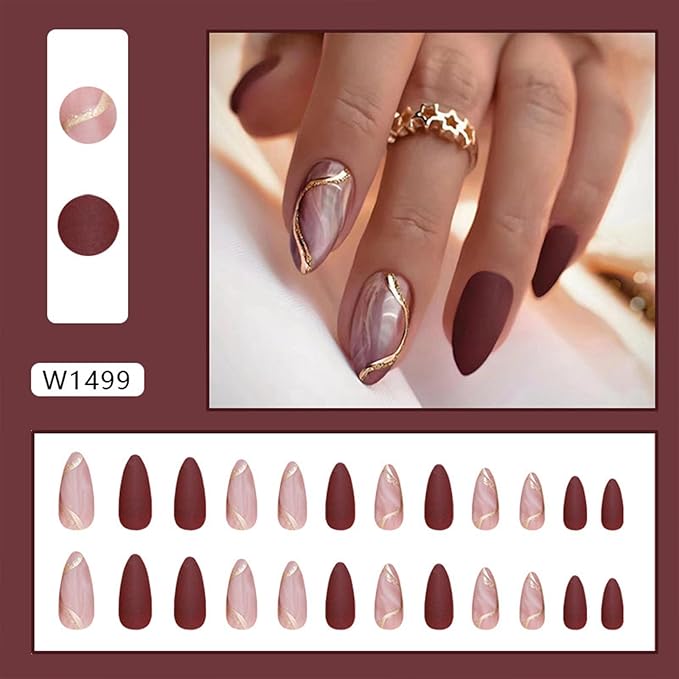 Almond Press on Nails Medium Fake Nails with Designs Marble Texture False Nails Press ons Reddish Brown Matte Glue on Nail Acrylic Full Cover Nail Artificial Stick on Nails for Women 24PCS