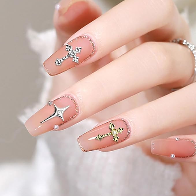 3D Cross Nail Charms for Nail Art, 60 Pcs Metal Crystal Cross Nail Decorations, Alloy Nail Studs and Rhinestones for Women Girl DIY Jewelry Crafts Supplies (Gold+Silver)