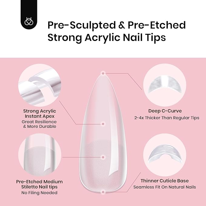 Beetles Tipex Instant Apex Nail Tips 512 Pieces Medium Stiletto Pre-Building and Pre-Etched Strong Thick Acrylic Fake Nails 16 Sizes Press on Nails